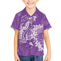Purple Polynesia Hammerhead Shark Tattoo With Plumeria Lei Family Matching Off Shoulder Short Dress and Hawaiian Shirt