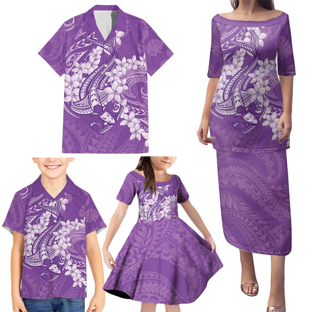 Purple Polynesia Hammerhead Shark Tattoo With Plumeria Lei Family Matching Puletasi and Hawaiian Shirt