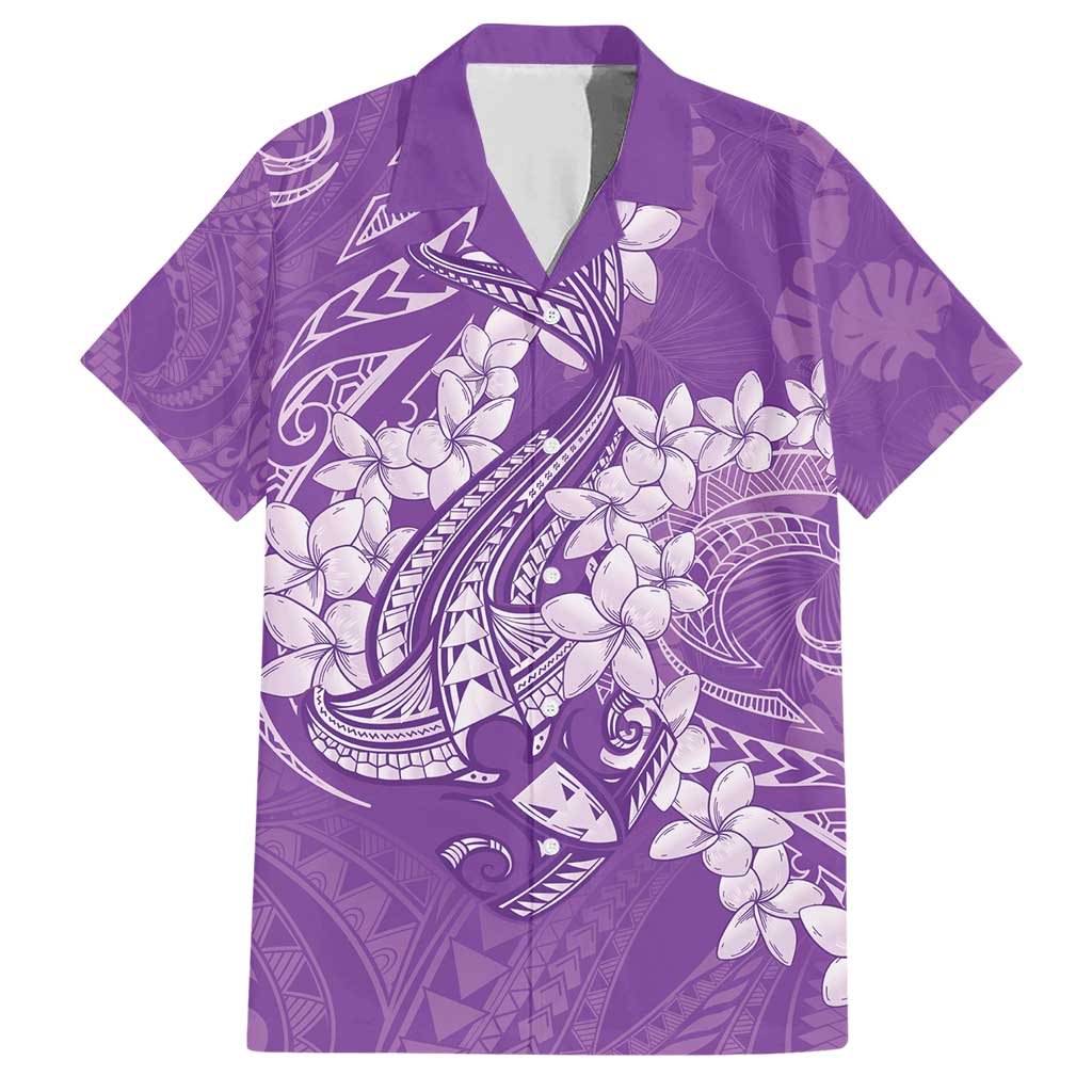 Purple Polynesia Hammerhead Shark Tattoo With Plumeria Lei Family Matching Short Sleeve Bodycon Dress and Hawaiian Shirt