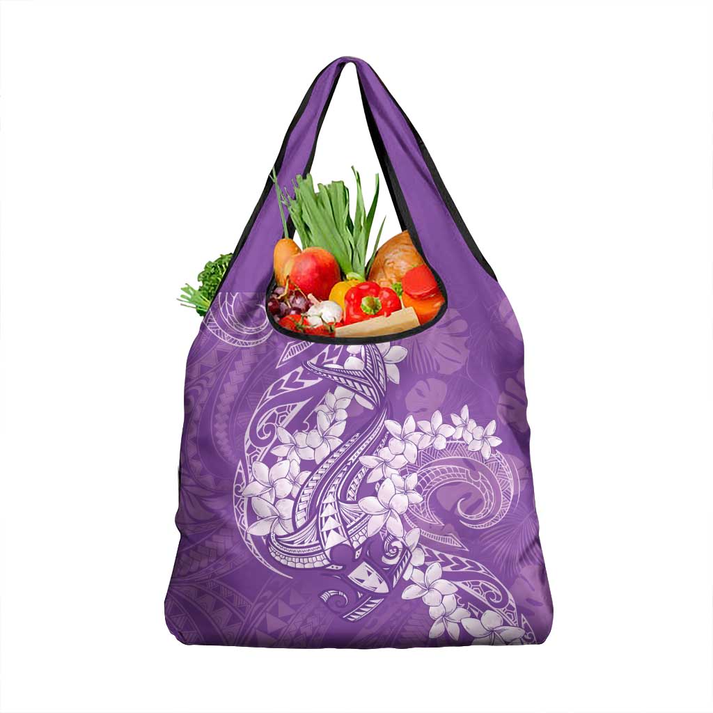 Purple Polynesia Hammerhead Shark Tattoo With Plumeria Lei Grocery Bag