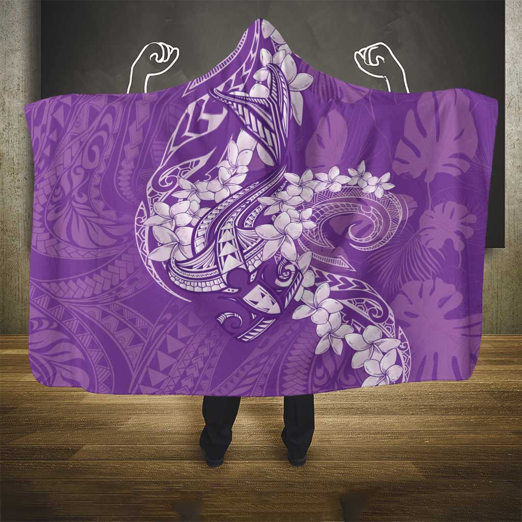 Purple Polynesia Hammerhead Shark Tattoo With Plumeria Lei Hooded Blanket