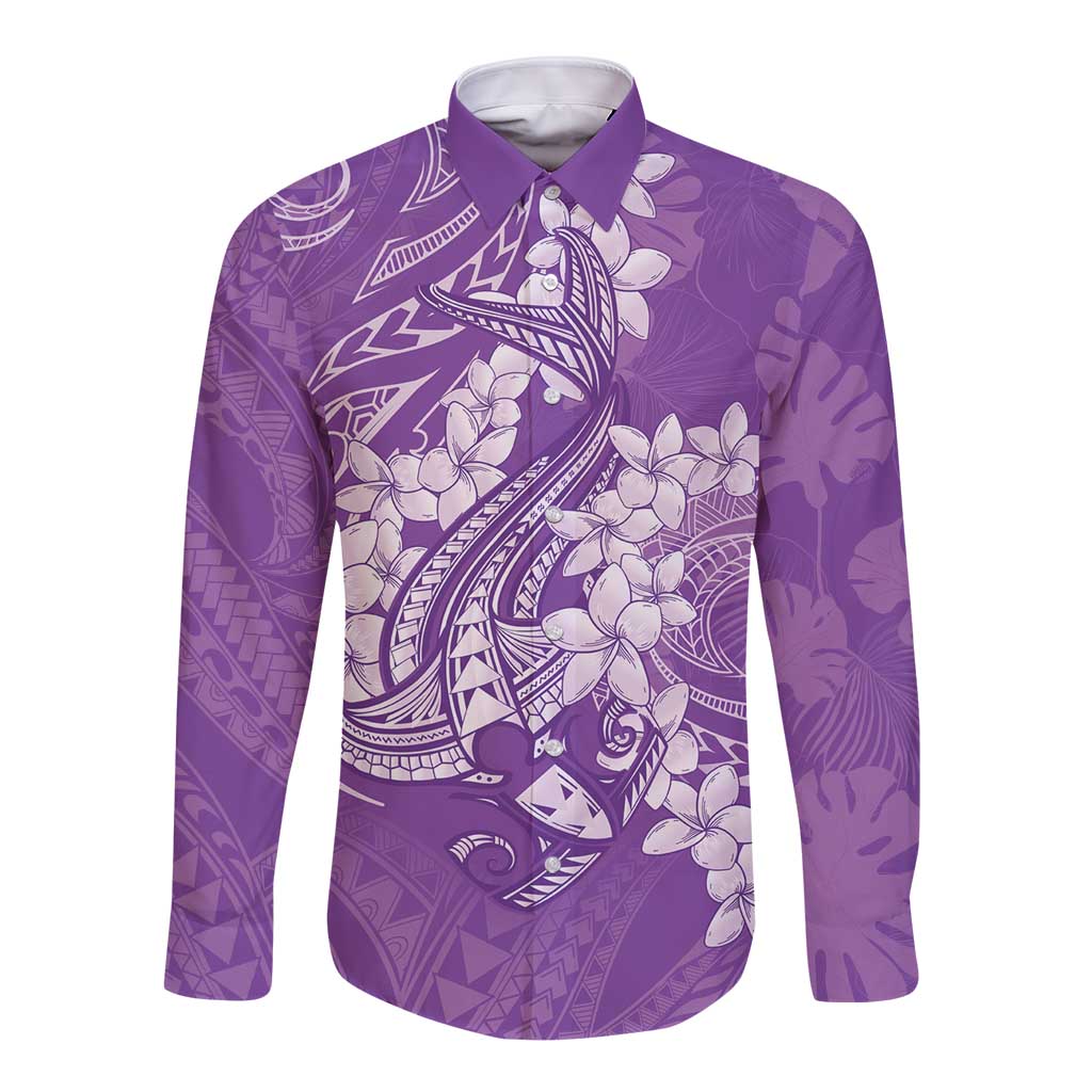Purple Polynesia Hammerhead Shark Tattoo With Plumeria Lei Long Sleeve Button Shirt