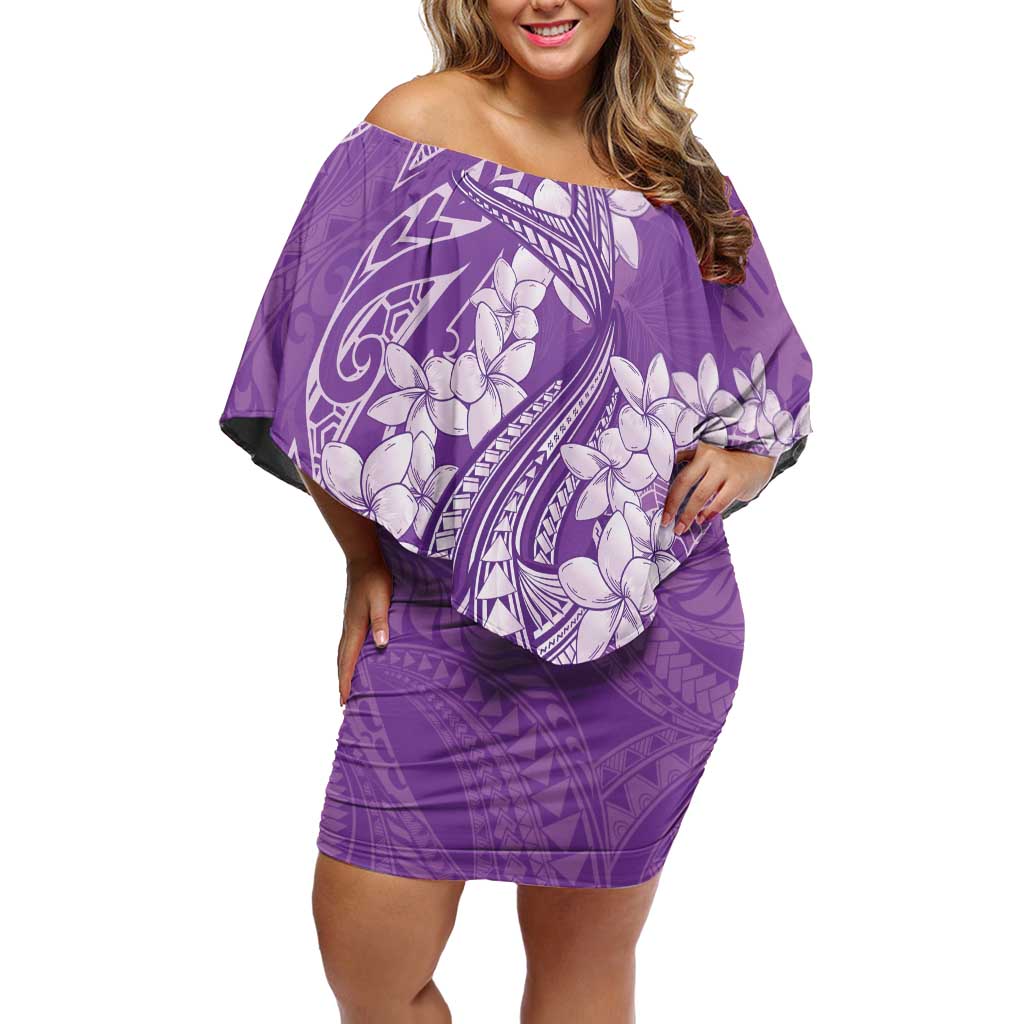 Purple Polynesia Hammerhead Shark Tattoo With Plumeria Lei Off Shoulder Short Dress