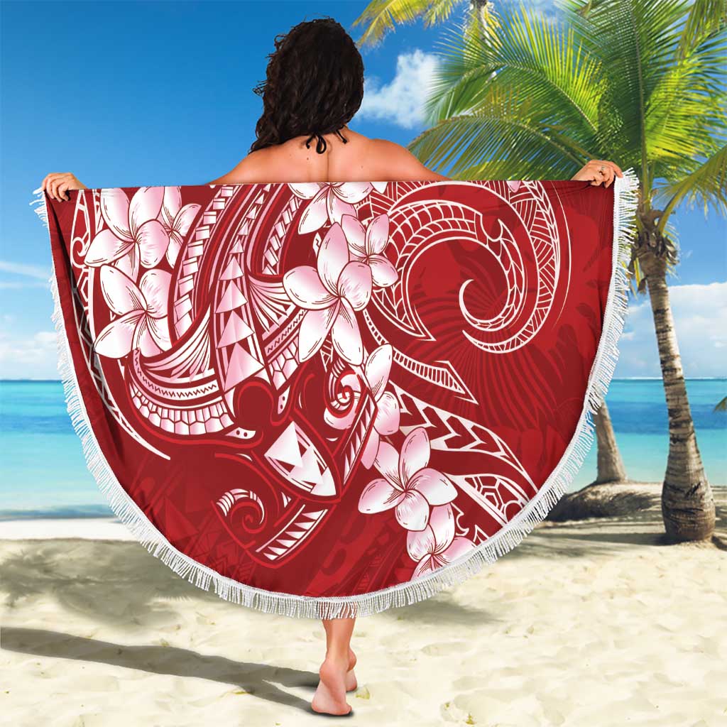 Red Polynesia Hammerhead Shark Tattoo With Plumeria Lei Beach Blanket