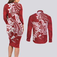 Red Polynesia Hammerhead Shark Tattoo With Plumeria Lei Couples Matching Long Sleeve Bodycon Dress and Long Sleeve Button Shirt