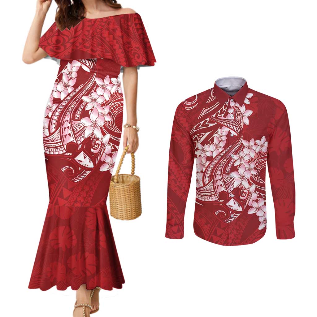Red Polynesia Hammerhead Shark Tattoo With Plumeria Lei Couples Matching Mermaid Dress and Long Sleeve Button Shirt