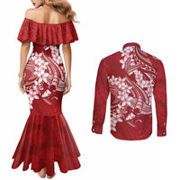 Red Polynesia Hammerhead Shark Tattoo With Plumeria Lei Couples Matching Mermaid Dress and Long Sleeve Button Shirt