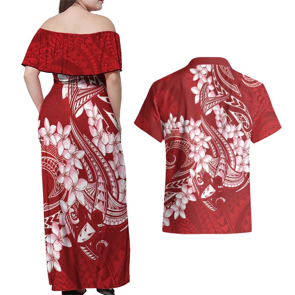 Red Polynesia Hammerhead Shark Tattoo With Plumeria Lei Couples Matching Off Shoulder Maxi Dress and Hawaiian Shirt