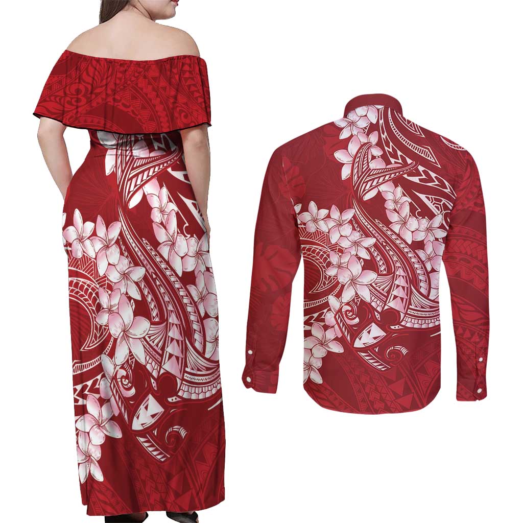 Red Polynesia Hammerhead Shark Tattoo With Plumeria Lei Couples Matching Off Shoulder Maxi Dress and Long Sleeve Button Shirt LT14 - Polynesian Pride