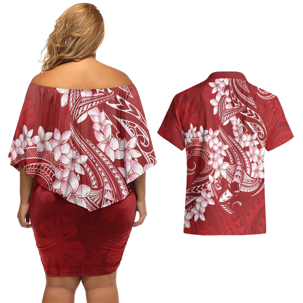 Red Polynesia Hammerhead Shark Tattoo With Plumeria Lei Couples Matching Off Shoulder Short Dress and Hawaiian Shirt