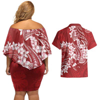 Red Polynesia Hammerhead Shark Tattoo With Plumeria Lei Couples Matching Off Shoulder Short Dress and Hawaiian Shirt