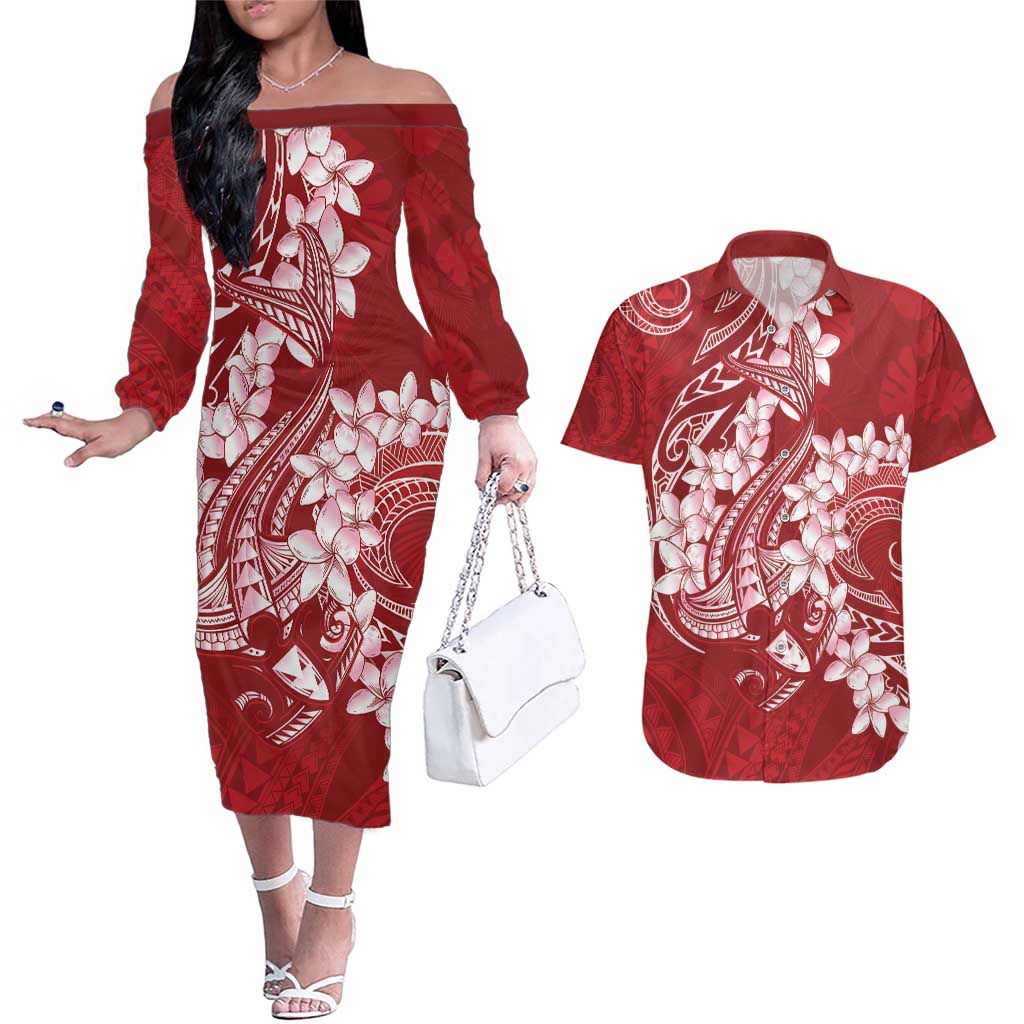Red Polynesia Hammerhead Shark Tattoo With Plumeria Lei Couples Matching Off The Shoulder Long Sleeve Dress and Hawaiian Shirt