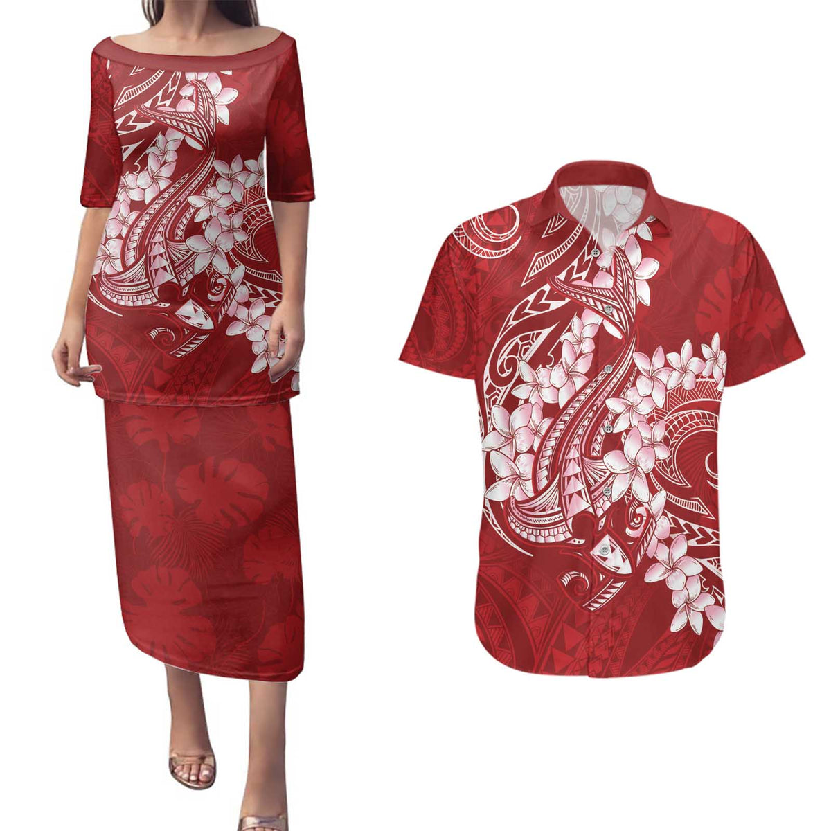 Red Polynesia Hammerhead Shark Tattoo With Plumeria Lei Couples Matching Puletasi and Hawaiian Shirt