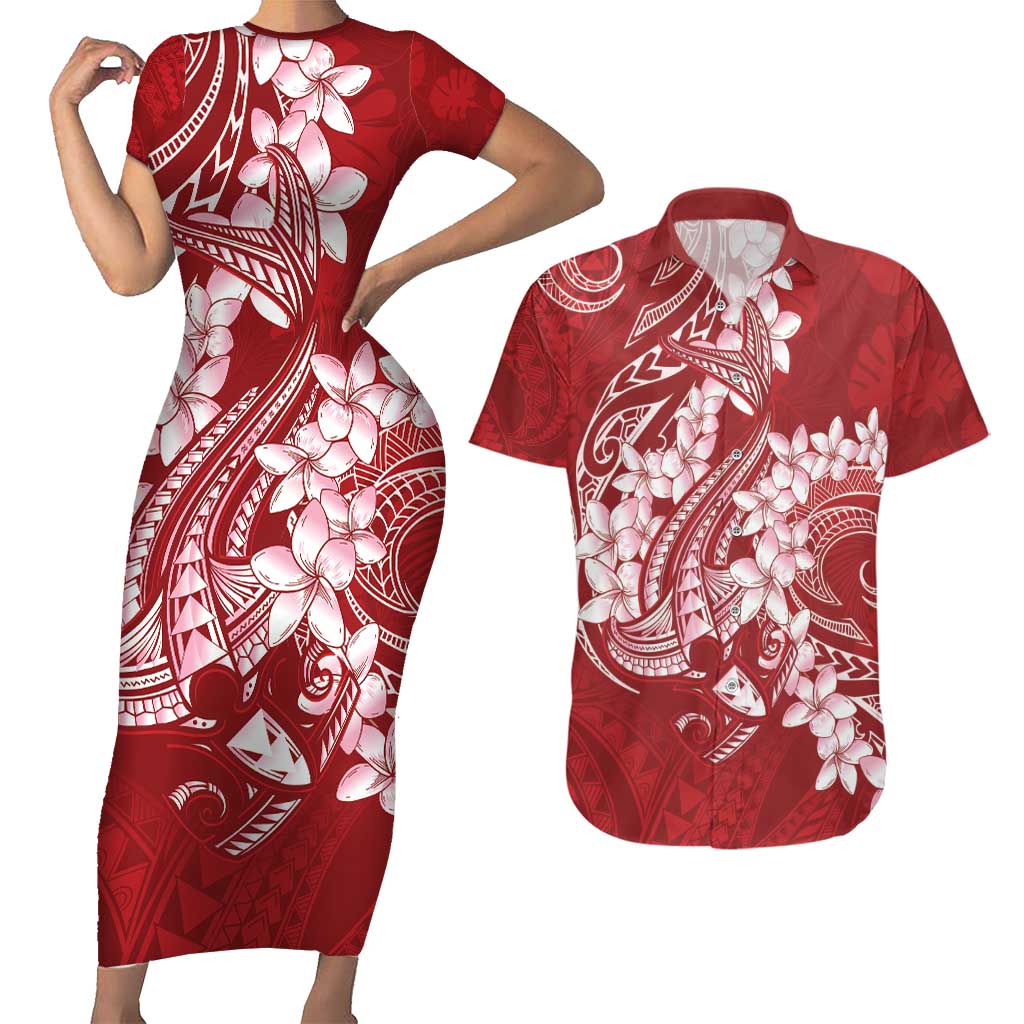Red Polynesia Hammerhead Shark Tattoo With Plumeria Lei Couples Matching Short Sleeve Bodycon Dress and Hawaiian Shirt