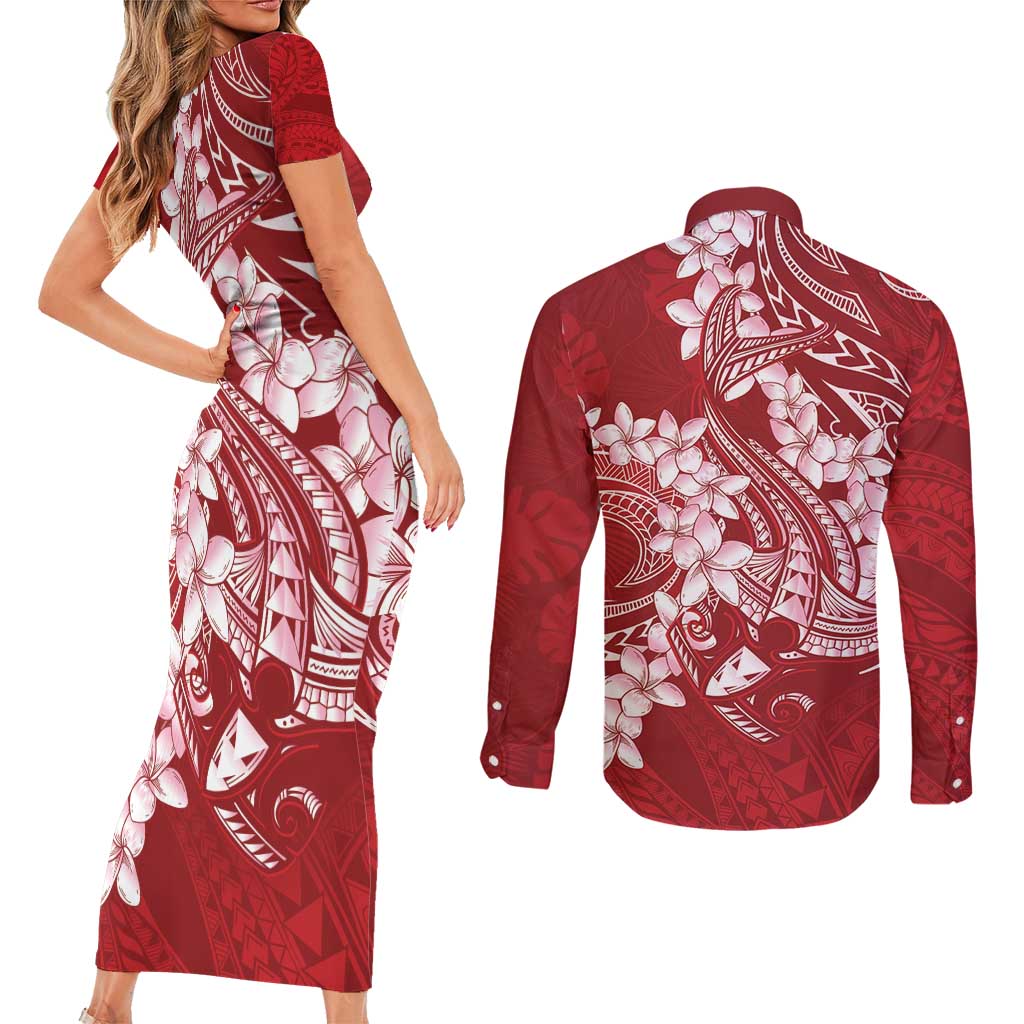 Red Polynesia Hammerhead Shark Tattoo With Plumeria Lei Couples Matching Short Sleeve Bodycon Dress and Long Sleeve Button Shirt