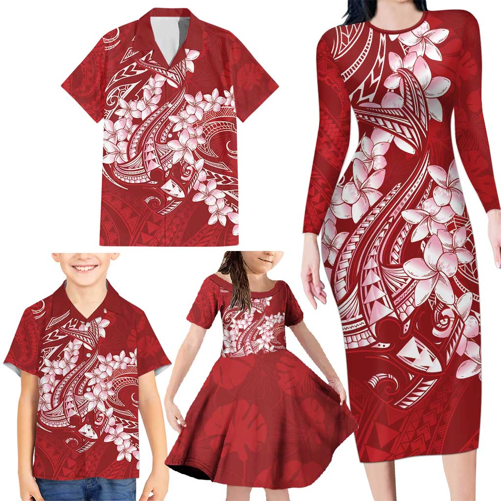 Red Polynesia Hammerhead Shark Tattoo With Plumeria Lei Family Matching Long Sleeve Bodycon Dress and Hawaiian Shirt