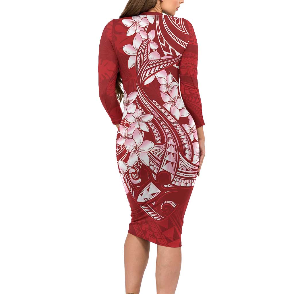 Red Polynesia Hammerhead Shark Tattoo With Plumeria Lei Family Matching Long Sleeve Bodycon Dress and Hawaiian Shirt