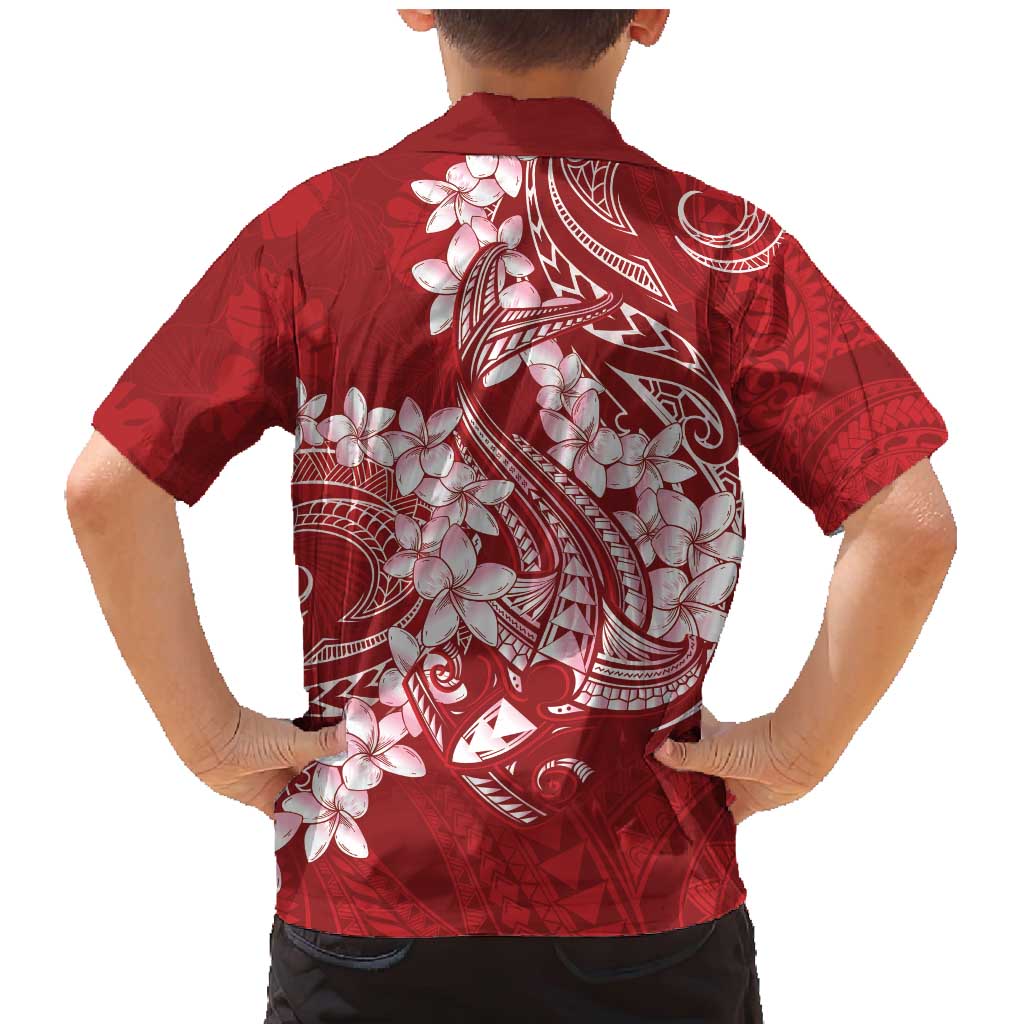 Red Polynesia Hammerhead Shark Tattoo With Plumeria Lei Family Matching Mermaid Dress and Hawaiian Shirt