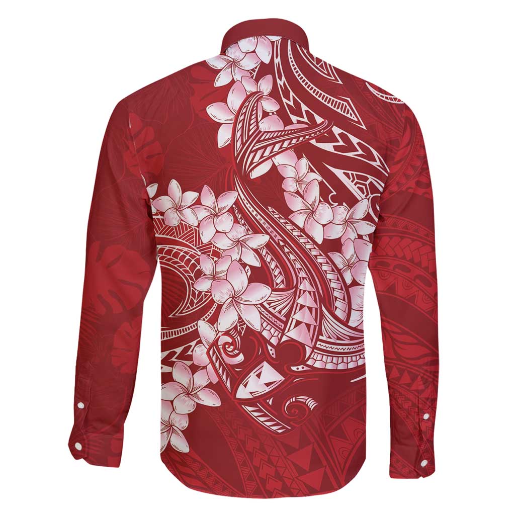 Red Polynesia Hammerhead Shark Tattoo With Plumeria Lei Family Matching Mermaid Dress and Hawaiian Shirt