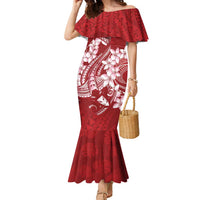 Red Polynesia Hammerhead Shark Tattoo With Plumeria Lei Family Matching Mermaid Dress and Hawaiian Shirt