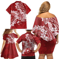 Red Polynesia Hammerhead Shark Tattoo With Plumeria Lei Family Matching Off Shoulder Short Dress and Hawaiian Shirt