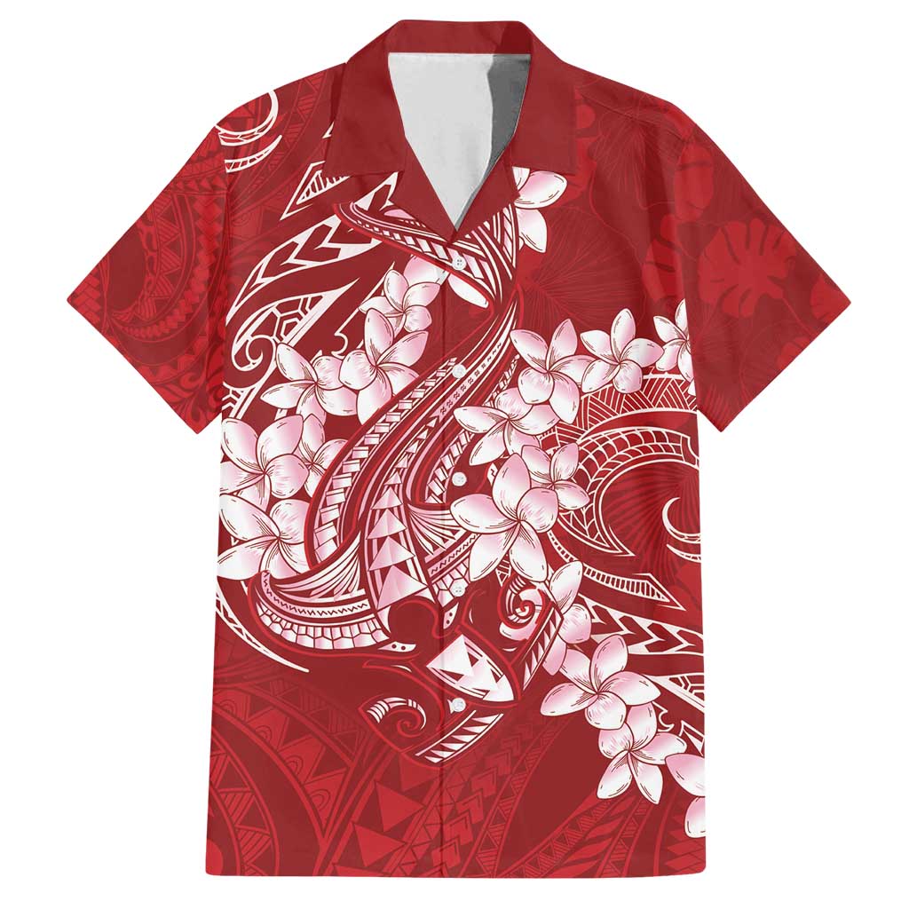 Red Polynesia Hammerhead Shark Tattoo With Plumeria Lei Family Matching Off Shoulder Short Dress and Hawaiian Shirt