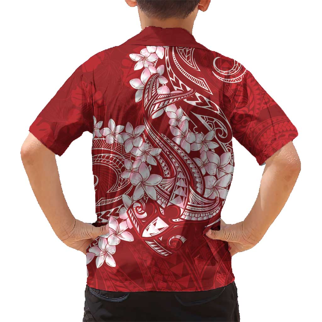 Red Polynesia Hammerhead Shark Tattoo With Plumeria Lei Family Matching Short Sleeve Bodycon Dress and Hawaiian Shirt