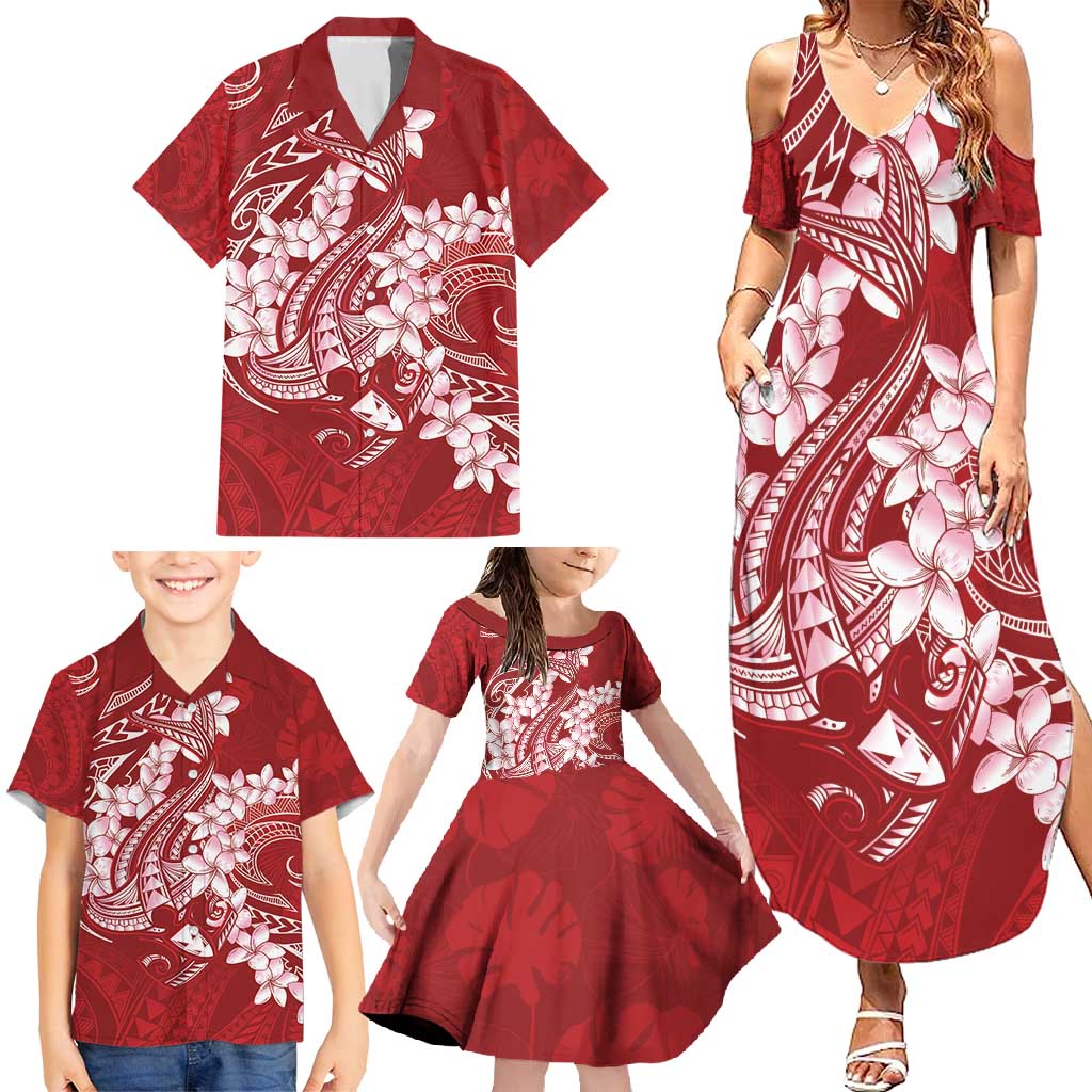 Red Polynesia Hammerhead Shark Tattoo With Plumeria Lei Family Matching Summer Maxi Dress and Hawaiian Shirt