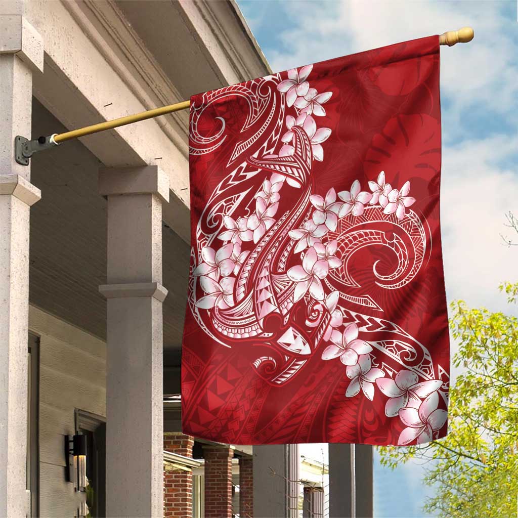 Red Polynesia Hammerhead Shark Tattoo With Plumeria Lei Garden Flag