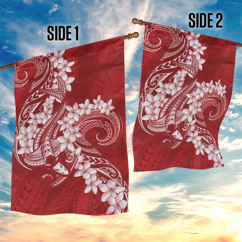 Red Polynesia Hammerhead Shark Tattoo With Plumeria Lei Garden Flag