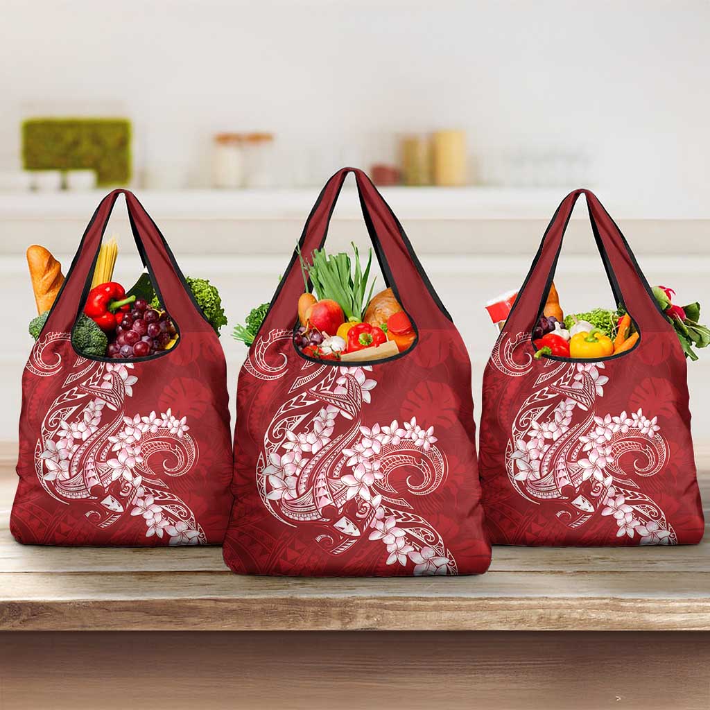 Red Polynesia Hammerhead Shark Tattoo With Plumeria Lei Grocery Bag