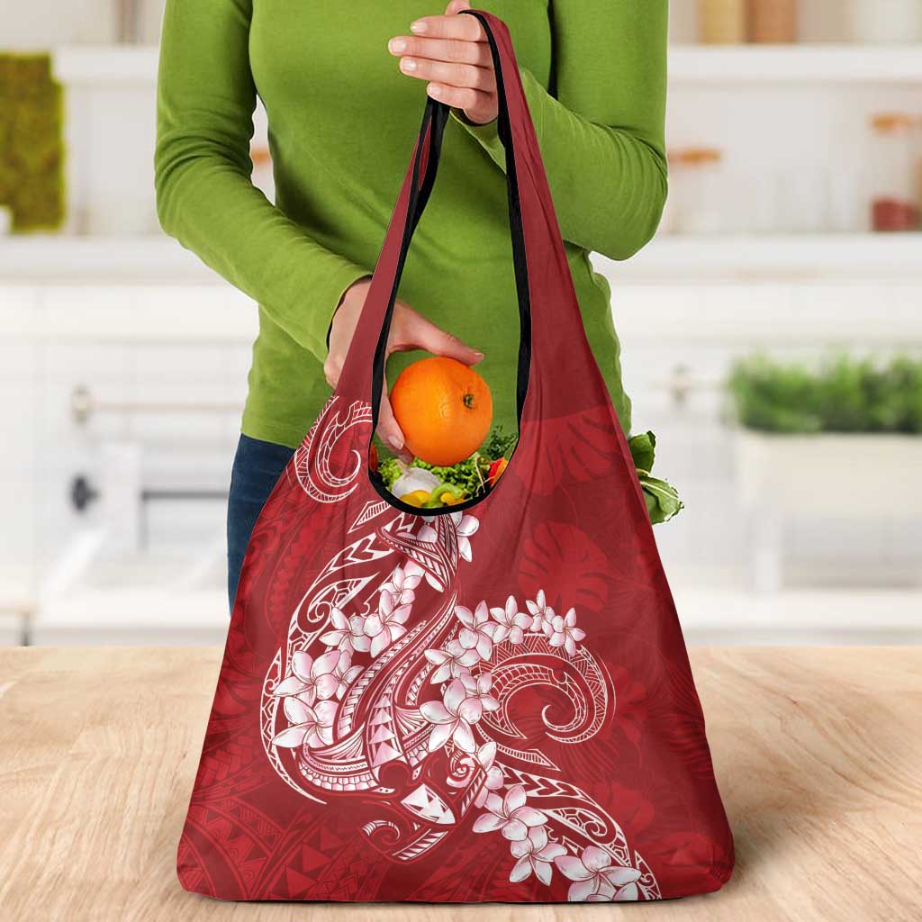 Red Polynesia Hammerhead Shark Tattoo With Plumeria Lei Grocery Bag