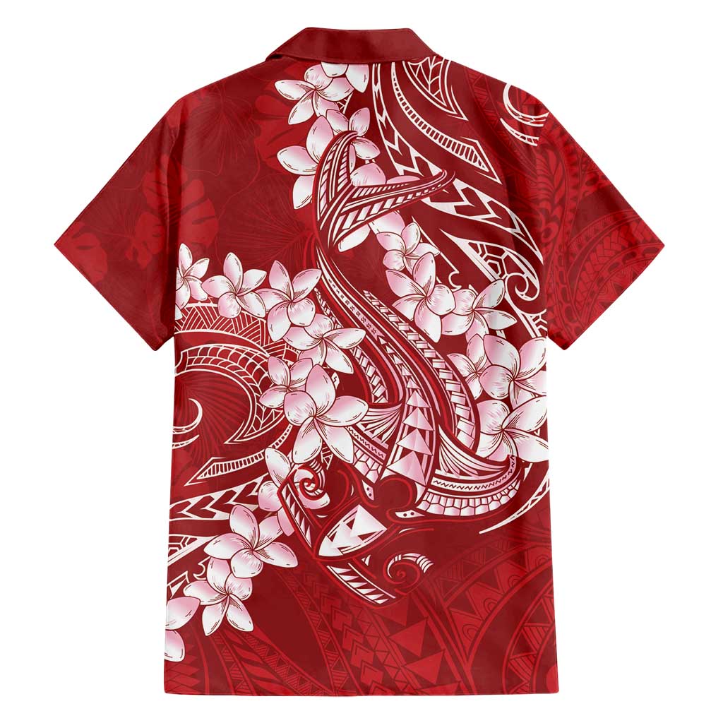 Red Polynesia Hammerhead Shark Tattoo With Plumeria Lei Hawaiian Shirt