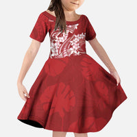 Red Polynesia Hammerhead Shark Tattoo With Plumeria Lei Kid Short Sleeve Dress