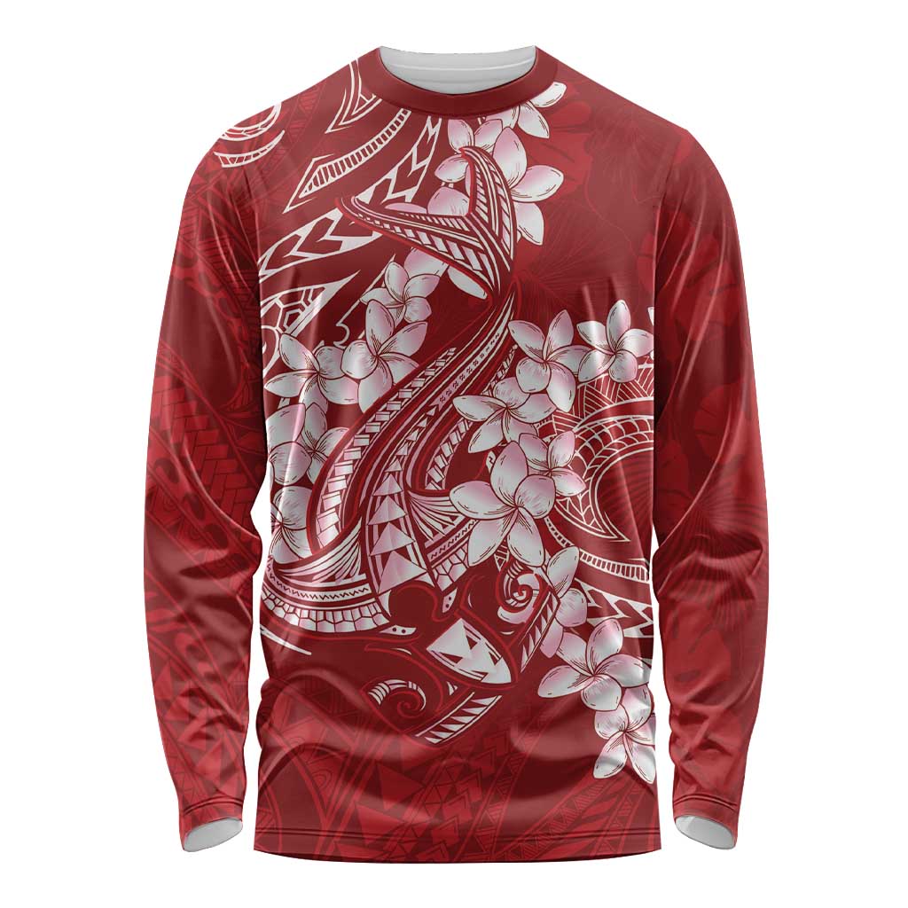 Red Polynesia Hammerhead Shark Tattoo With Plumeria Lei Long Sleeve Shirt