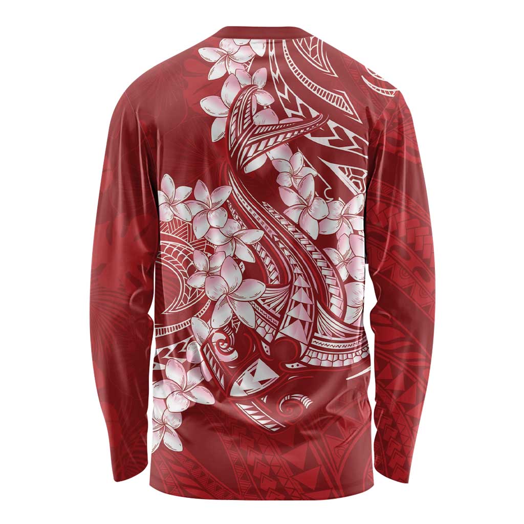 Red Polynesia Hammerhead Shark Tattoo With Plumeria Lei Long Sleeve Shirt
