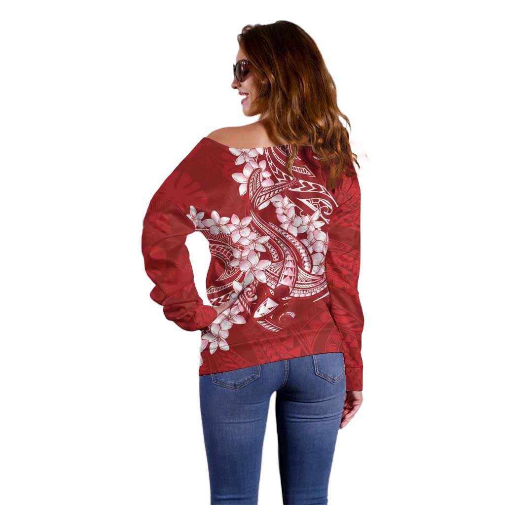 Red Polynesia Hammerhead Shark Tattoo With Plumeria Lei Off Shoulder Sweater