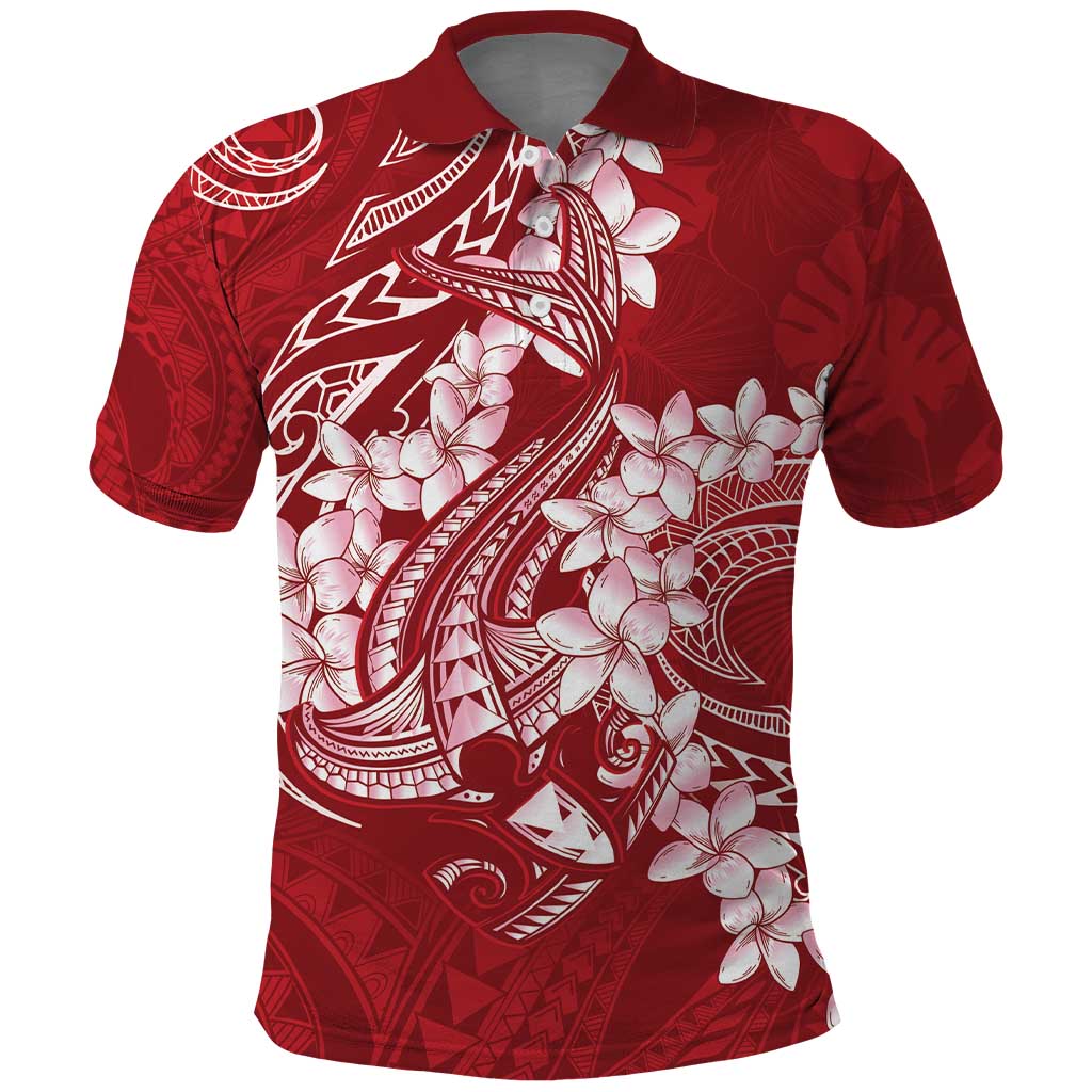 Red Polynesia Hammerhead Shark Tattoo With Plumeria Lei Polo Shirt