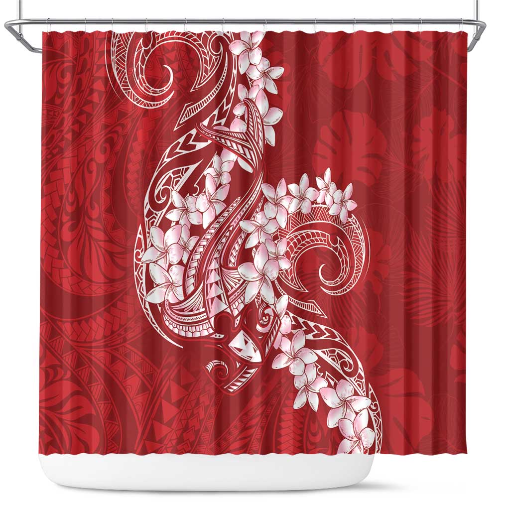 Red Polynesia Hammerhead Shark Tattoo With Plumeria Lei Shower Curtain
