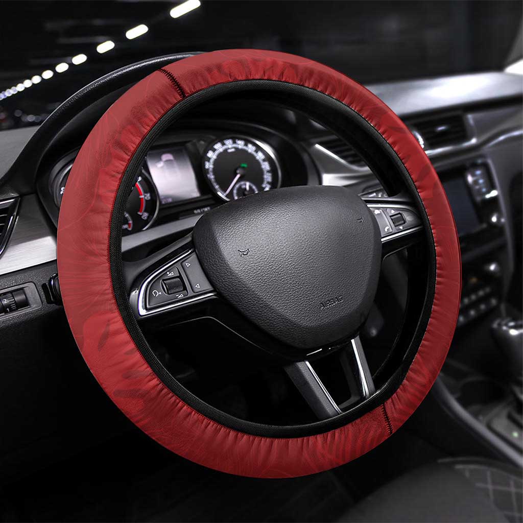 Red Polynesia Hammerhead Shark Tattoo With Plumeria Lei Steering Wheel Cover