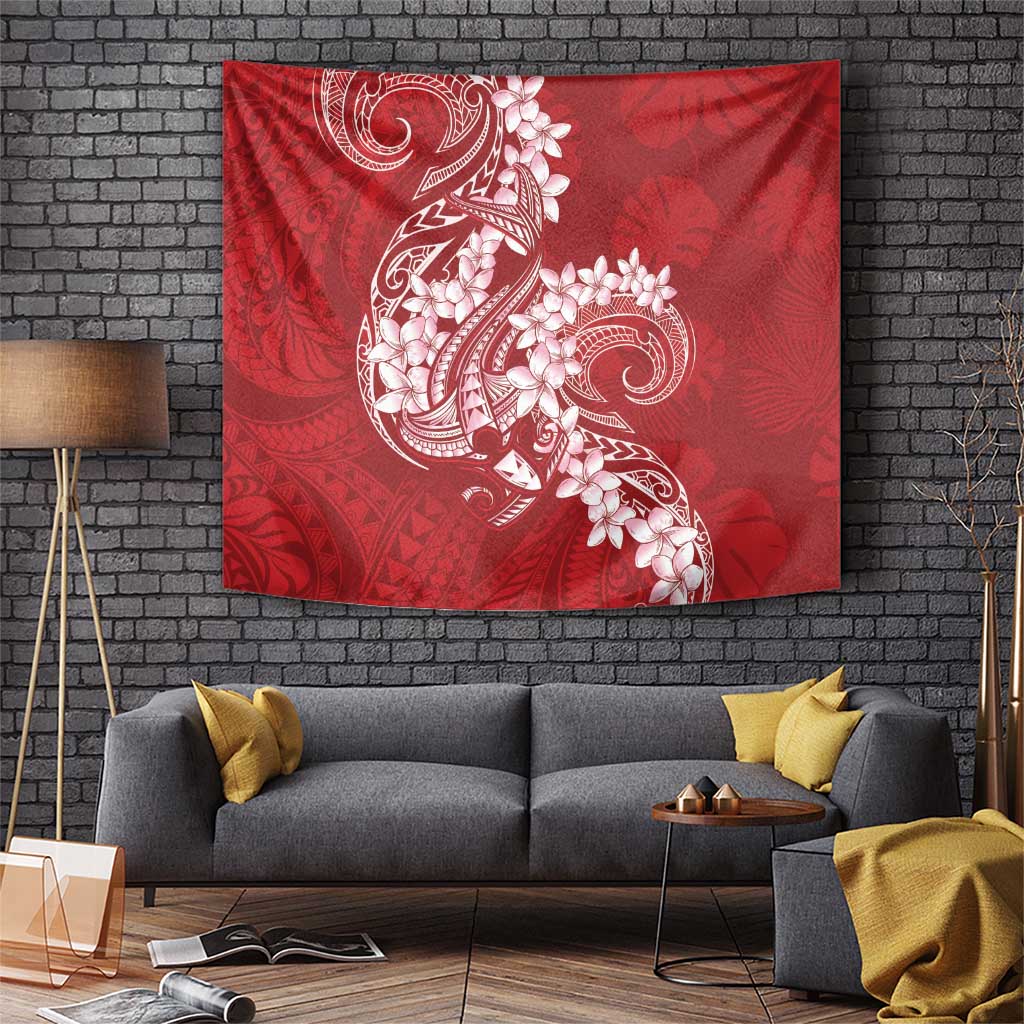 Red Polynesia Hammerhead Shark Tattoo With Plumeria Lei Tapestry