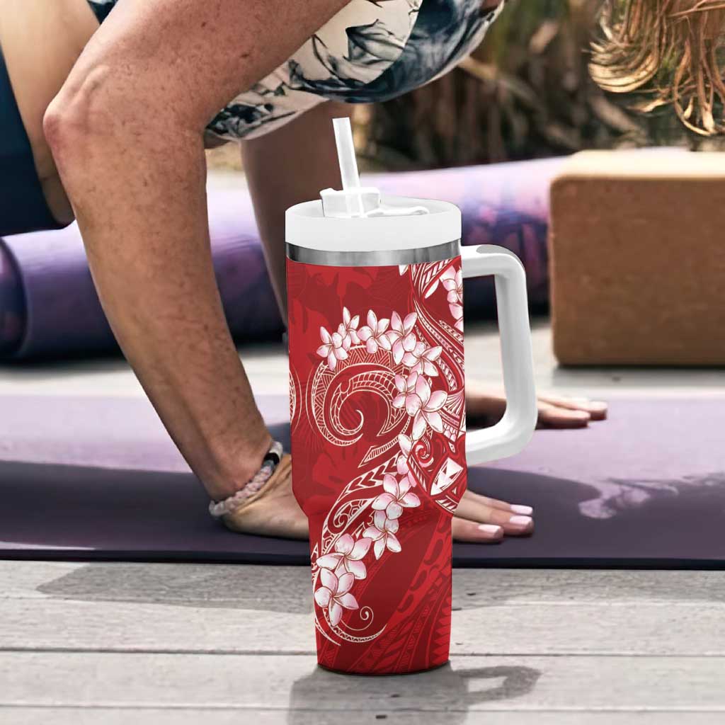 Red Polynesia Hammerhead Shark Tattoo With Plumeria Lei Tumbler With Handle