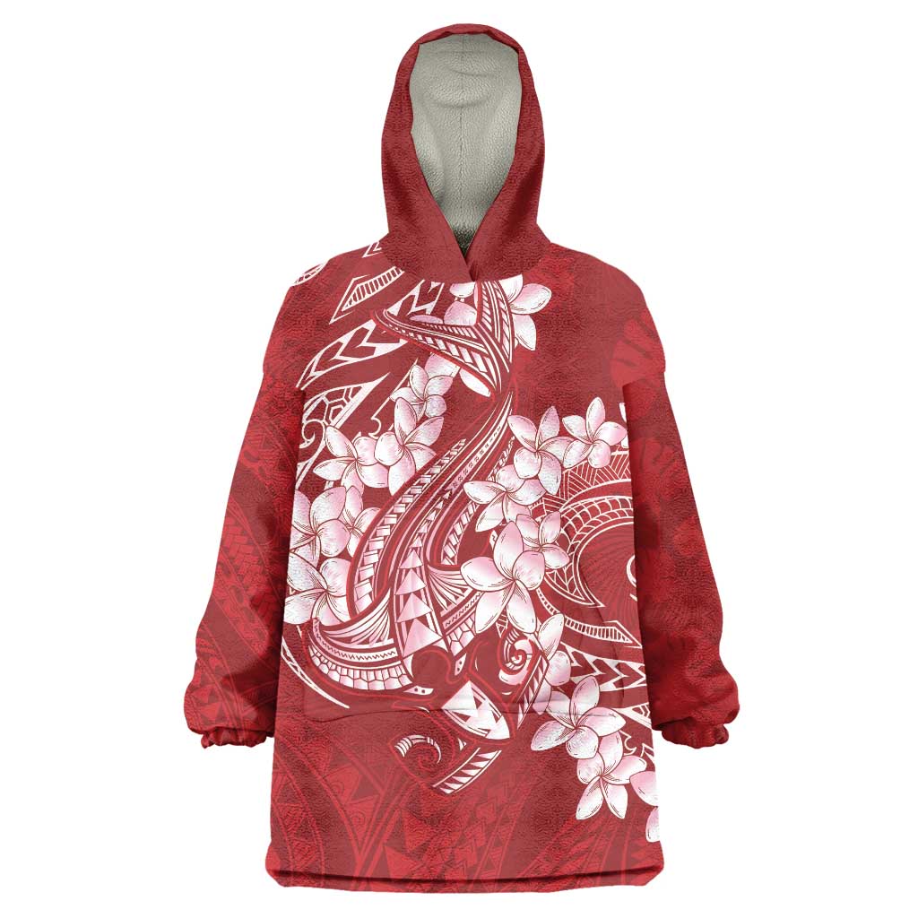 Red Polynesia Hammerhead Shark Tattoo With Plumeria Lei Wearable Blanket Hoodie