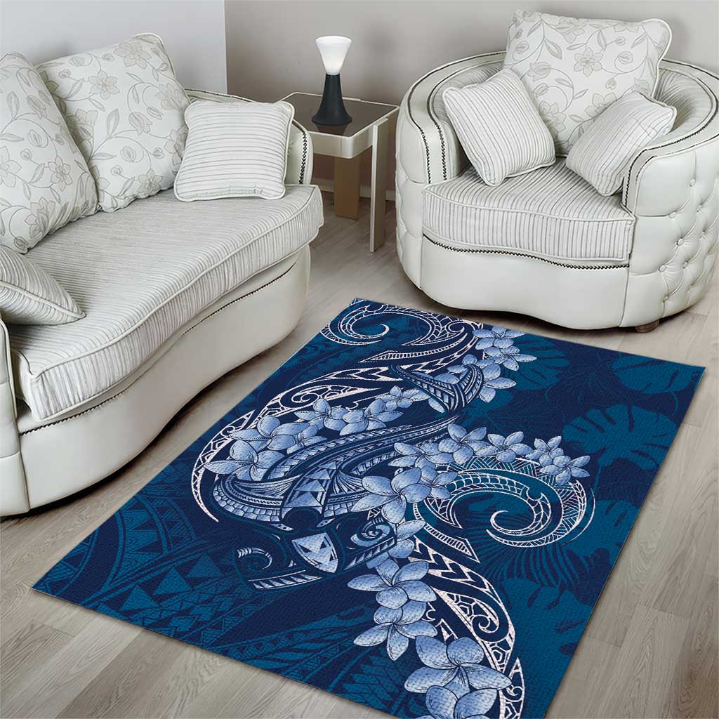 Navy Blue Polynesia Hammerhead Shark Tattoo With Plumeria Lei Area Rug