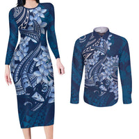 Navy Blue Polynesia Hammerhead Shark Tattoo With Plumeria Lei Couples Matching Long Sleeve Bodycon Dress and Long Sleeve Button Shirt