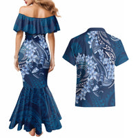 Navy Blue Polynesia Hammerhead Shark Tattoo With Plumeria Lei Couples Matching Mermaid Dress and Hawaiian Shirt
