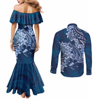 Navy Blue Polynesia Hammerhead Shark Tattoo With Plumeria Lei Couples Matching Mermaid Dress and Long Sleeve Button Shirt