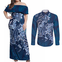 Navy Blue Polynesia Hammerhead Shark Tattoo With Plumeria Lei Couples Matching Off Shoulder Maxi Dress and Long Sleeve Button Shirt