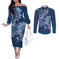 Navy Blue Polynesia Hammerhead Shark Tattoo With Plumeria Lei Couples Matching Off The Shoulder Long Sleeve Dress and Long Sleeve Button Shirt