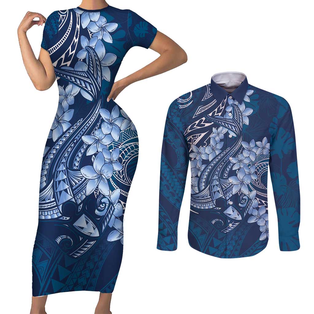 Navy Blue Polynesia Hammerhead Shark Tattoo With Plumeria Lei Couples Matching Short Sleeve Bodycon Dress and Long Sleeve Button Shirt LT14 Navy Blue - Polynesian Pride